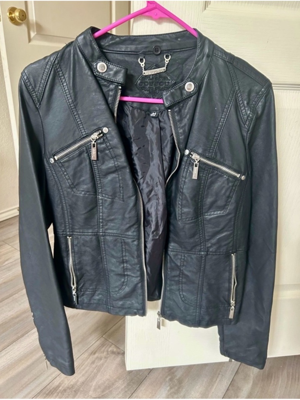 Jou Jou Black Faux Leather Moto Jacket with Silver Hardware